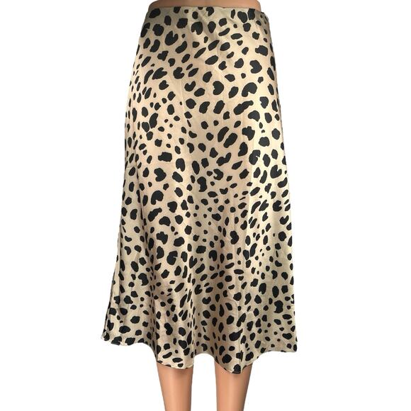 Aqua Tan Black Silk Satin Leopard Animal Print Midi A-Line Flared Slip Skirt S - Picture 1 of 4